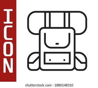 Black line Hiking backpack icon isolated on white background. Camping and mountain exploring backpack.  Vector