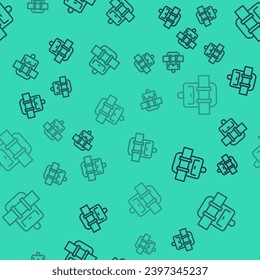 Black line Hiking backpack icon isolated seamless pattern on green background. Camping and mountain exploring backpack.  Vector