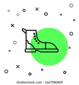 Black line Hiking boot icon isolated on white background.  Vector Illustration