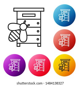 Black line Hive for bees icon isolated on white background. Beehive symbol. Apiary and beekeeping. Sweet natural food. Set icons colorful circle buttons. Vector Illustration