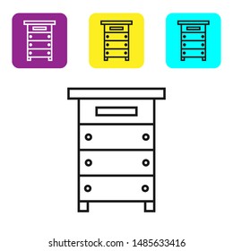 Black line Hive for bees icon isolated on white background. Beehive symbol. Apiary and beekeeping. Sweet natural food. Set icons colorful square buttons. Vector Illustration
