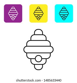 Black line Hive for bees icon isolated on white background. Beehive symbol. Apiary and beekeeping. Sweet natural food. Set icons colorful square buttons. Vector Illustration