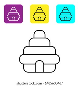 Black line Hive for bees icon isolated on white background. Beehive symbol. Apiary and beekeeping. Sweet natural food. Set icons colorful square buttons. Vector Illustration