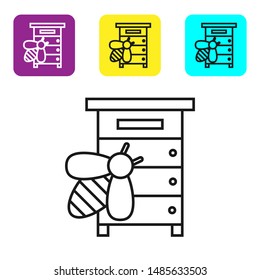 Black line Hive for bees icon isolated on white background. Beehive symbol. Apiary and beekeeping. Sweet natural food. Set icons colorful square buttons. Vector Illustration