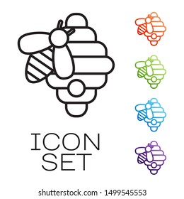 Black line Hive for bees icon isolated on white background. Beehive symbol. Apiary and beekeeping. Sweet natural food. Set icons colorful. Vector Illustration