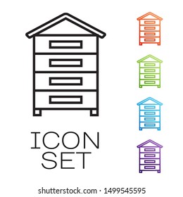 Black line Hive for bees icon isolated on white background. Beehive symbol. Apiary and beekeeping. Sweet natural food. Set icons colorful. Vector Illustration