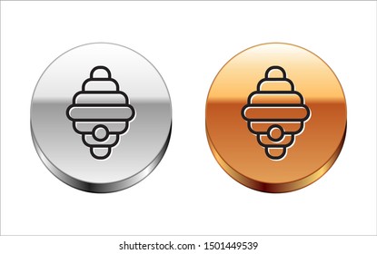 Black line Hive for bees icon isolated on white background. Beehive symbol. Apiary and beekeeping. Sweet natural food. Silver-gold circle button. Vector Illustration