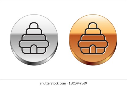 Black line Hive for bees icon isolated on white background. Beehive symbol. Apiary and beekeeping. Sweet natural food. Silver-gold circle button. Vector Illustration
