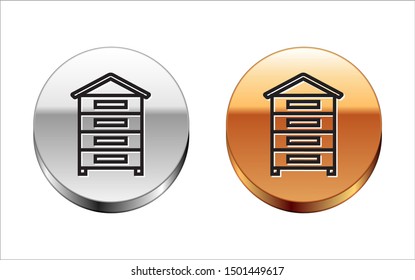 Black line Hive for bees icon isolated on white background. Beehive symbol. Apiary and beekeeping. Sweet natural food. Silver-gold circle button. Vector Illustration