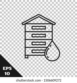 Black line Hive for bees icon isolated on transparent background. Beehive symbol. Apiary and beekeeping. Sweet natural food.  Vector Illustration