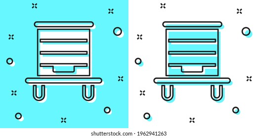 Black line Hive for bees icon isolated on green and white background. Beehive symbol. Apiary and beekeeping. Sweet natural food. Random dynamic shapes. Vector