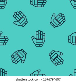 Black line Hockey glove icon isolated seamless pattern on green background. Sports playing and training protective gloves on hands.  Vector Illustration