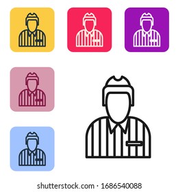 Black line Hockey judge, referee, arbiter icon isolated on white background. Set icons in color square buttons. Vector Illustration