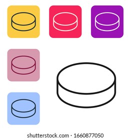 Black line Hockey puck icon isolated on white background. Set icons in color square buttons. Vector Illustration