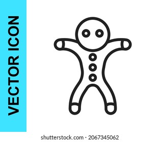 Black line Holiday gingerbread man cookie icon isolated on white background. Cookie in shape of man with icing.  Vector