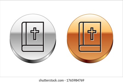 Black line Holy bible book icon isolated on white background. Silver-gold circle button. Vector