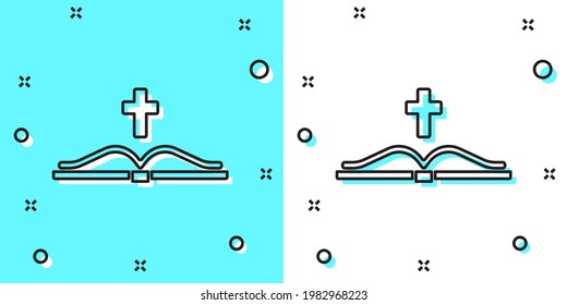 Black line Holy bible book icon isolated on green and white background. Random dynamic shapes. Vector