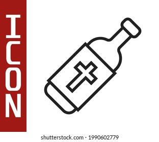 Black line Holy water bottle icon isolated on white background. Glass flask with magic liquid.  Vector