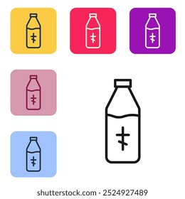 Black line Holy water bottle icon isolated on white background. Glass flask with magic liquid. Set icons in color square buttons. Vector