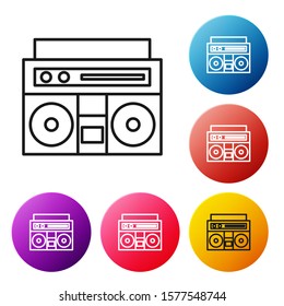 Black line Home stereo with two speakers icon isolated on white background. Music system. Set icons colorful circle buttons. Vector Illustration