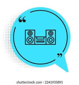 Black line Home stereo with two speaker s icon isolated on white background. Music system. Blue speech bubble symbol. Vector