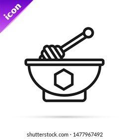 Black line Honey dipper stick and bowl icon isolated on white background. Honey ladle.  Vector Illustration