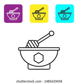 Black line Honey dipper stick and bowl icon isolated on white background. Honey ladle. Set icons colorful square buttons. Vector Illustration