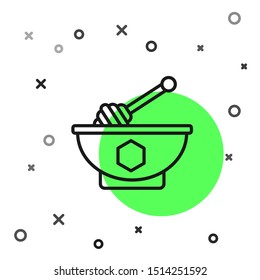 Black line Honey dipper stick and bowl icon isolated on white background. Honey ladle.  Vector Illustration