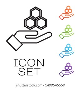 Black line Honeycomb and hand icon isolated on white background. Honey cells symbol. Sweet natural food. Set icons colorful. Vector Illustration