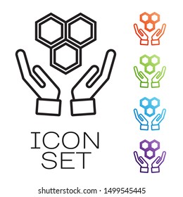 Black line Honeycomb and hands icon isolated on white background. Honey cells symbol. Sweet natural food. Set icons colorful. Vector Illustration