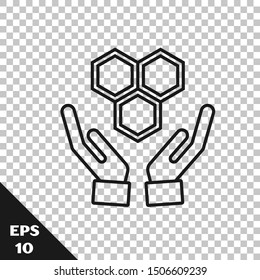 Black line Honeycomb and hands icon isolated on transparent background. Honey cells symbol. Sweet natural food.  Vector Illustration