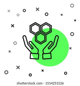Black line Honeycomb and hands icon isolated on white background. Honey cells symbol. Sweet natural food.  Vector Illustration