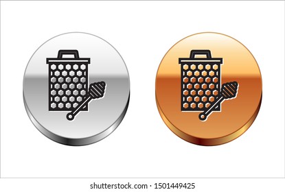 Black line Honeycomb with honey dipper stickicon isolated on white background. Honey ladle. Honey cells symbol. Sweet natural food. Silver-gold circle button. Vector Illustration