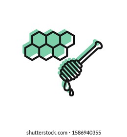Black line Honeycomb with honey dipper stickicon isolated on white background. Honey ladle. Honey cells symbol. Sweet natural food.  Vector Illustration