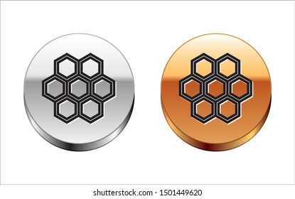 Black line Honeycomb icon isolated on white background. Honey cells symbol. Sweet natural food. Silver-gold circle button. Vector Illustration