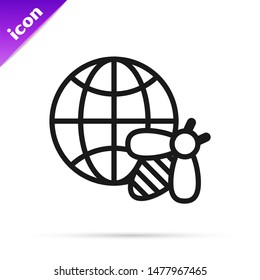 Black line Honeycomb map of the world and bee icon isolated on white background. World bee day. Concept ecological event.  Vector Illustration