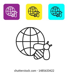 Black line Honeycomb map of the world and bee icon isolated on white background. World bee day. Concept ecological event. Set icons colorful square buttons. Vector Illustration