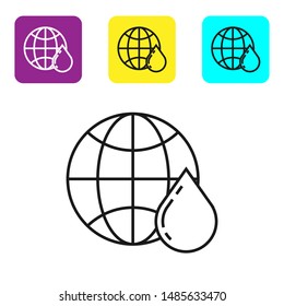 Black line Honeycomb map of the world icon isolated on white background. World bee day. Concept ecological event. Set icons colorful square buttons. Vector Illustration