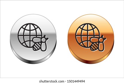 Black line Honeycomb map of the world and bee icon isolated on white background. World bee day. Concept ecological event. Silver-gold circle button. Vector Illustration