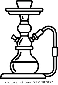 A black line of a hookah, also known as a waterpipe or shisha, with a bowl on a glass base, and a hose attached.