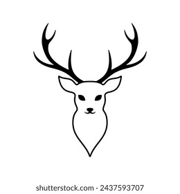 Black line horned christmas deer icon on white background.