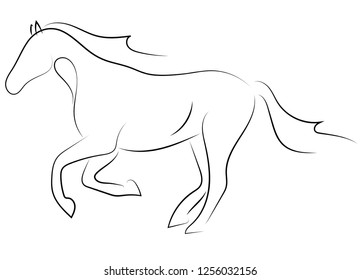 Black line horse on white background. Running horse sketch style. Vector graphic icon animal.