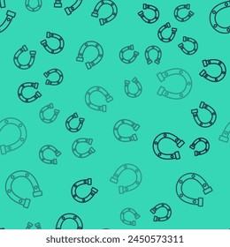 Black line Horseshoe icon isolated seamless pattern on green background.  Vector