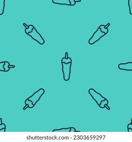 Black line Hot chili pepper pod icon isolated seamless pattern on green background. Design for grocery, culinary products, seasoning and spice package, cooking book.  Vector
