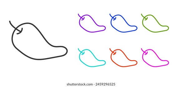 Black line Hot chili pepper pod icon isolated on white background. Design for grocery, culinary products, seasoning and spice package, cooking book. Set icons colorful. Vector