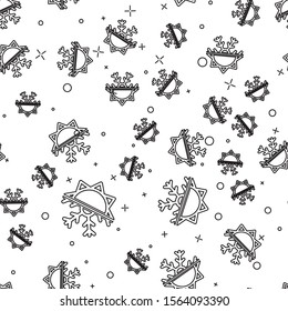 Black line Hot and cold symbol. Sun and snowflake icon isolated seamless pattern on white background. Winter and summer symbol.  Vector Illustration