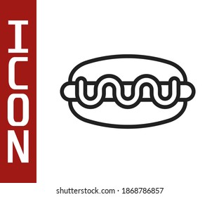 Black line Hotdog sandwich icon isolated on white background. Sausage icon. Fast food sign.  Vector