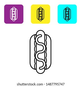 Black line Hotdog sandwich with mustard icon isolated on white background. Sausage icon. Street fast food menu. Set icons colorful square buttons. Vector Illustration