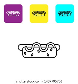Black line Hotdog sandwich with mustard icon isolated on white background. Sausage icon. Street fast food menu. Set icons colorful square buttons. Vector Illustration