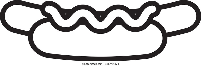 Black line Hotdog sandwich with mustard icon isolated on white background. Sausage icon. Street fast food menu.  Vector Illustration